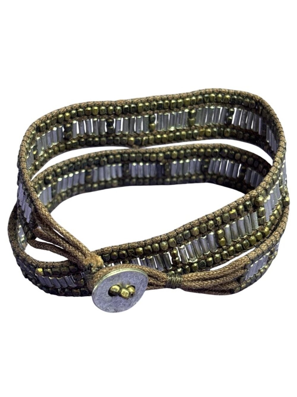 2 Tone Metal Beaded Brown Cord Wrap Bracelet Button Clasp 13.5 inches Long - Picture 2 of 4